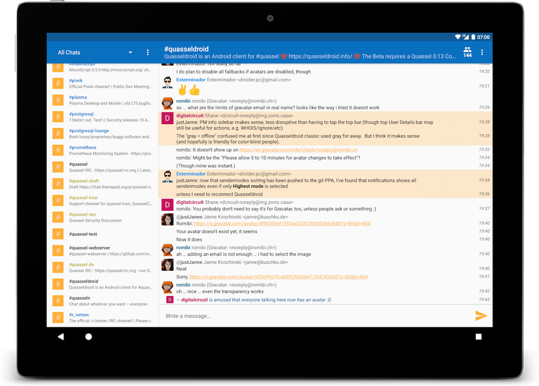 Screenshot of Quasseldroid on a tablet